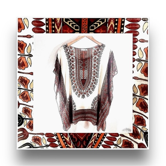 AGACI Vintage Sheer Caftan Top brown rust in a Tribal print One Size - Picture 6 of 6